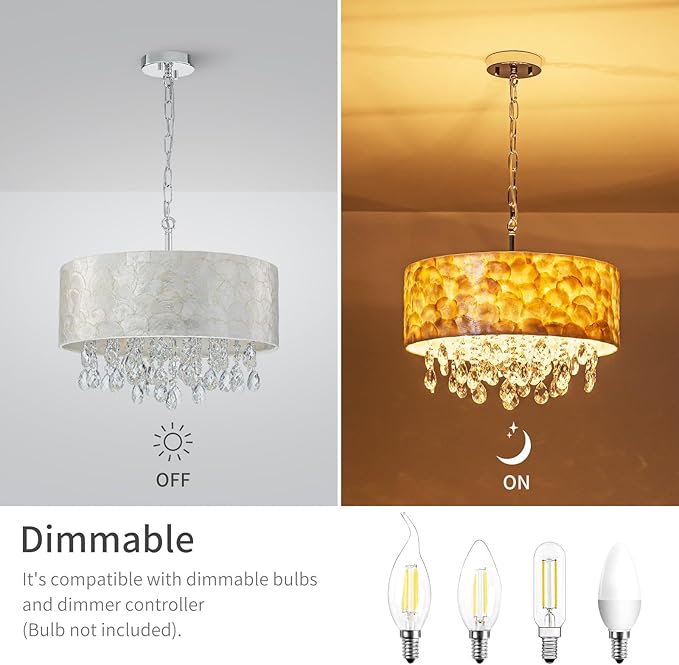 4-Lights Drum Capiz Shell Crystal Chandeliers, Coastal Style Pendant Light Fixture for Dining Room, Living Room, D18 x 21~68"(Adjustable), Shell Lampshade & Chrome Finish
