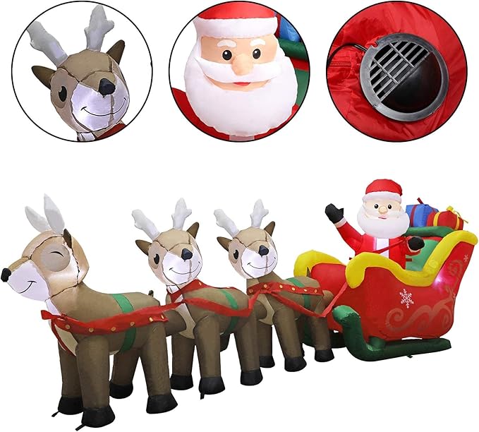 MorTime 9.5 FT Christmas Inflatable Santa Claus on Sleigh Pulled by Three Reindeers with Gift Boxes, Blow up Lighted Yard Decor for Outdoor Decorations