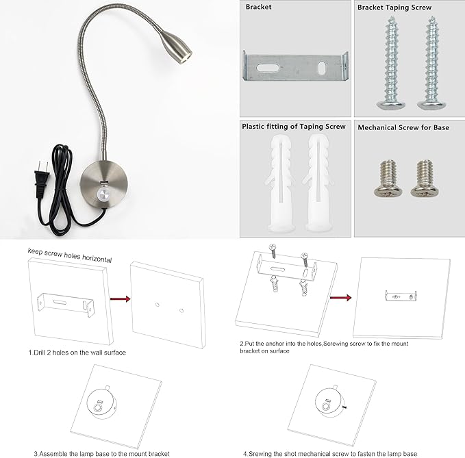 Dimmable Reading Light Plug in Wall Mounted Bedside Headboard Reading Light Task Directional Gooseneck LED Light 3W Output (Brushed Nickel, 120V Plug in, Warm White)