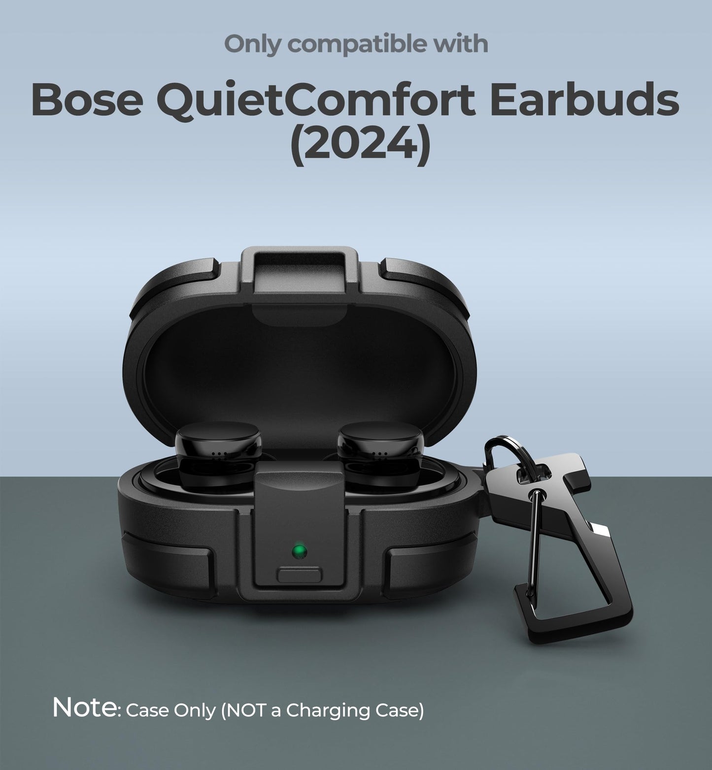 Dexnor for Bose QuietComfort Earbuds Protective Case with Drop-Proof Lock, Shockproof Rugged Bumper Cover with Carabiner & Keyring for Bose QuietComfort Earbuds 2024 Black（Charger not Included）