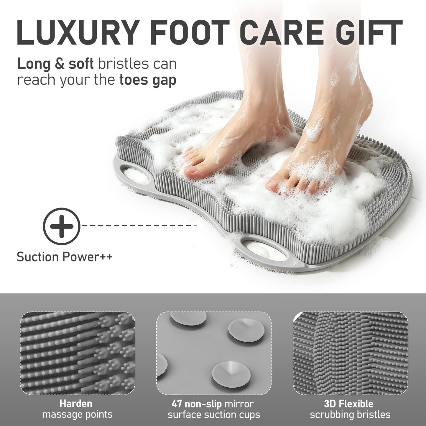 Mabnuby Shower Foot Scrubber Mat XL, Silicone Feet Toes Massage Cleaner -Upgraded Long Brush Pad Without Bending Non-Slip Suction Cups for Foot Bath Bathtub Exfoliate Smooth Skin 17.4x13 Grey