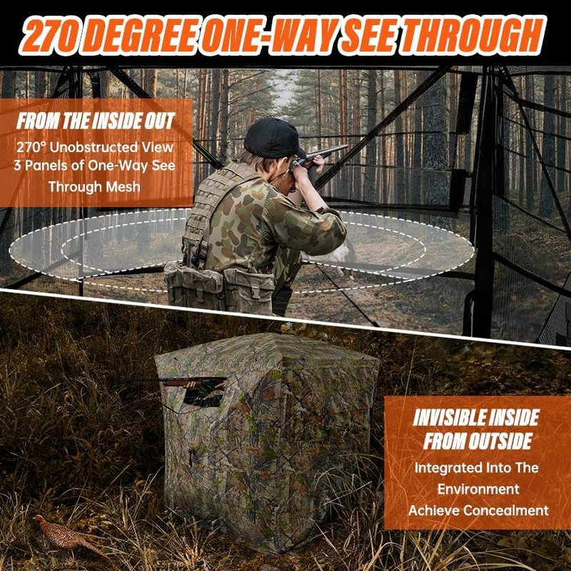 Hunting Blind - 270° See-Through Ground Blind for 2-3 People | Portable Camouflage Tent with Full Open Door