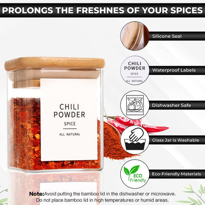 Glass Spice Jars with Bamboo Lids - 20 Pcs Thicken(2.4mm) 4oz Airtight Seasoning Containers with 131 Waterproof Minimalist Spice labels Preprinted - Small herb Jars for Pantry Organization and Storage