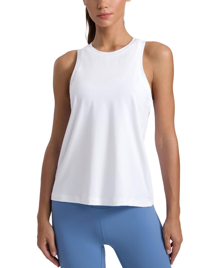 CRZ YOGA Cotton-Blend Workout Racerback Tank for Women Athletic High Neck Breathable Tops Casual Basic Sleeveless Shirts White Large