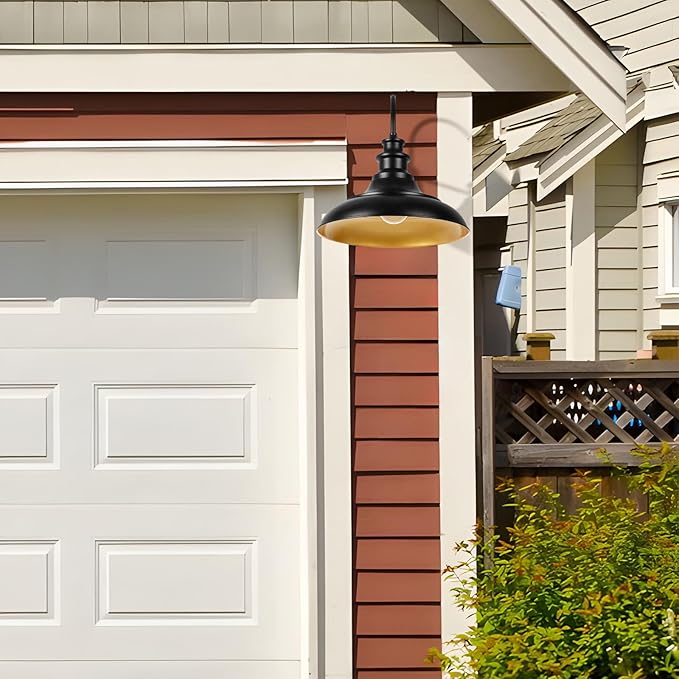 Dusk to Dawn Sensor Outdoor Barn Light Fixtures, 16 Inch Dome Farmhouse Outdoor Wall Sconces, Rustic Gooseneck Exterior Wall Mount Lights, Industrial Black Gold Wall Lanterns for Porch, 2 Pack