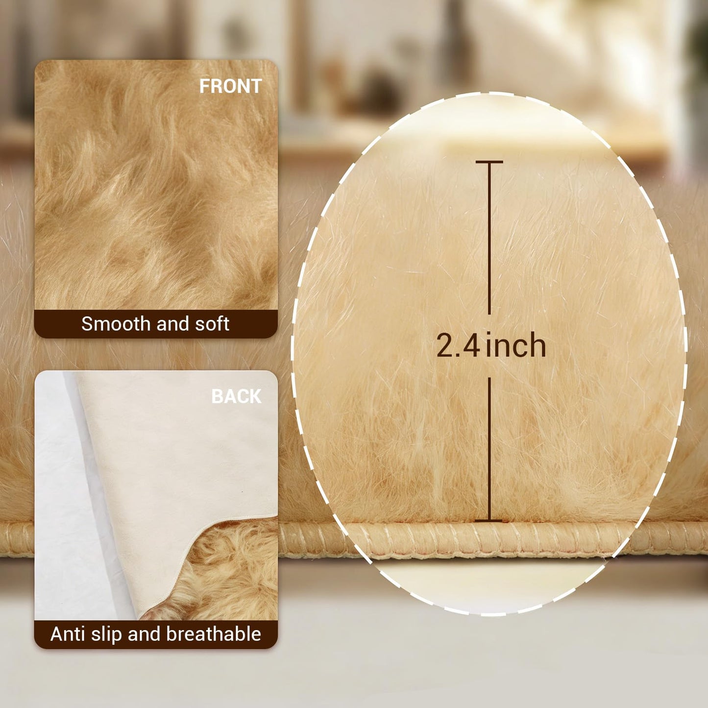 TUOTPE Ultra Soft Faux Fur Rug, Fluffy Shaggy 2 x 6 Ft Sheepskin Fur, Beige Plush Faux Area for Bedroom Nursery Living Room