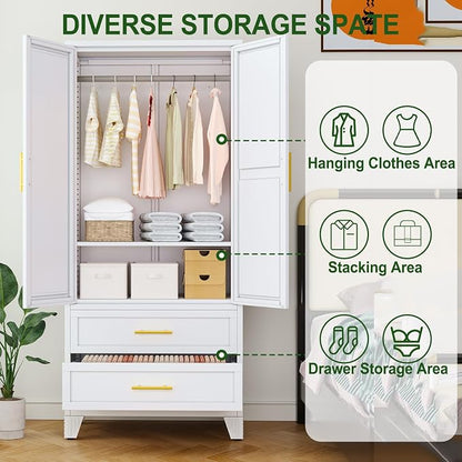 winiowa Metal Armoire Wardrobe Closet with 2 Drawers, 71" Wardrobe Cabinet with Adjustable Shelves and Hanging Rod, Clothing Storage Cabinet Closet with Mirror for Bedroom-White