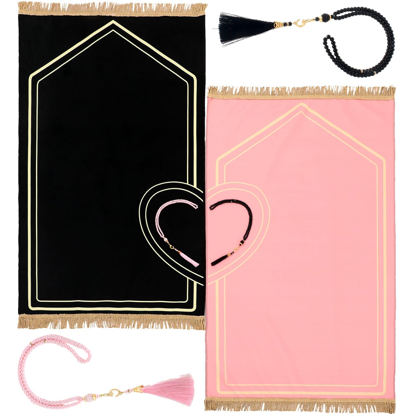 Drydiet 2 Pcs Muslim Couple Prayer Rug Set Heart Design with 2 Pcs Prayer Beads Islamic Muslim Gift Black and Pink Travel Mat Soft Velvet Mat for Couple Women Men Ramadan Eid Wedding Birthday