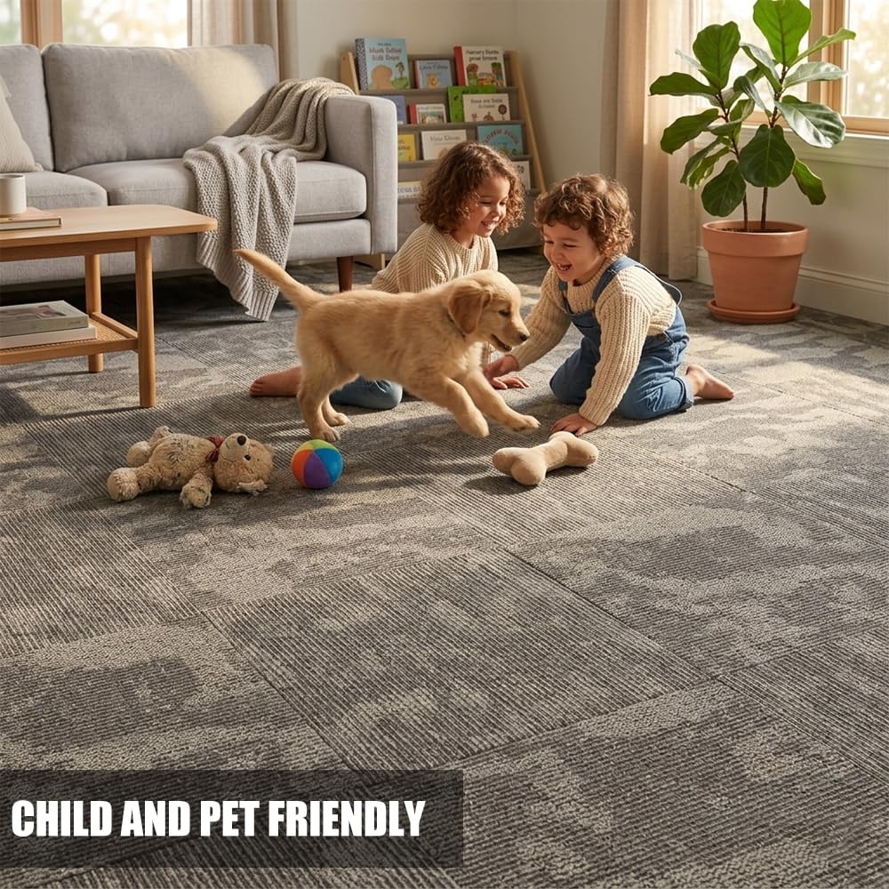 Boshuele Carpet Tiles 20 inch x 20 inch upholstered Non-Slip Carpet Squares Reusable Easy to Install Indoor and Outdoor Office Home Decor Flooring (Khaki, 22 PCS)