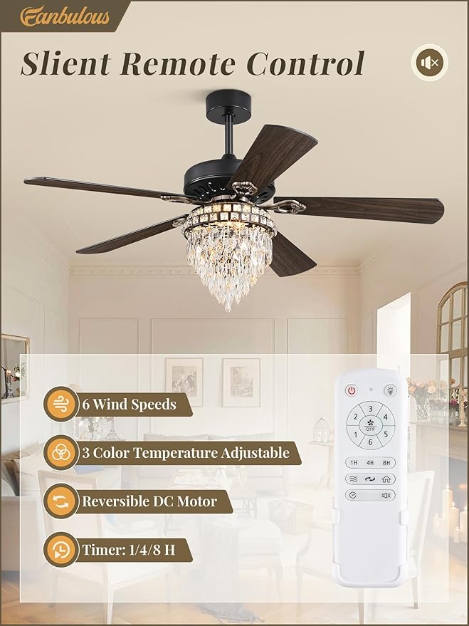 Fanbulous 52 Inch Farmhouse Fandelier Ceiling Fan with Light, Crystal Ceiling Fans Chandelier with 6 Speeds, Quiet Reversible Noiseless DC Motor, 3CCT, Indoor Ceiling Fan for Living Room Bedroom