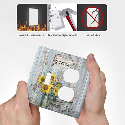 Decorative Light Switch Cover Plate Country Flower Vintage Wood Board Sunflower Butterfly 2 Gang Outlet Covers 1 Toggle 1 Duplex Wall Plate Decorate Electrical Switch Plate Covers for Bathroom Home