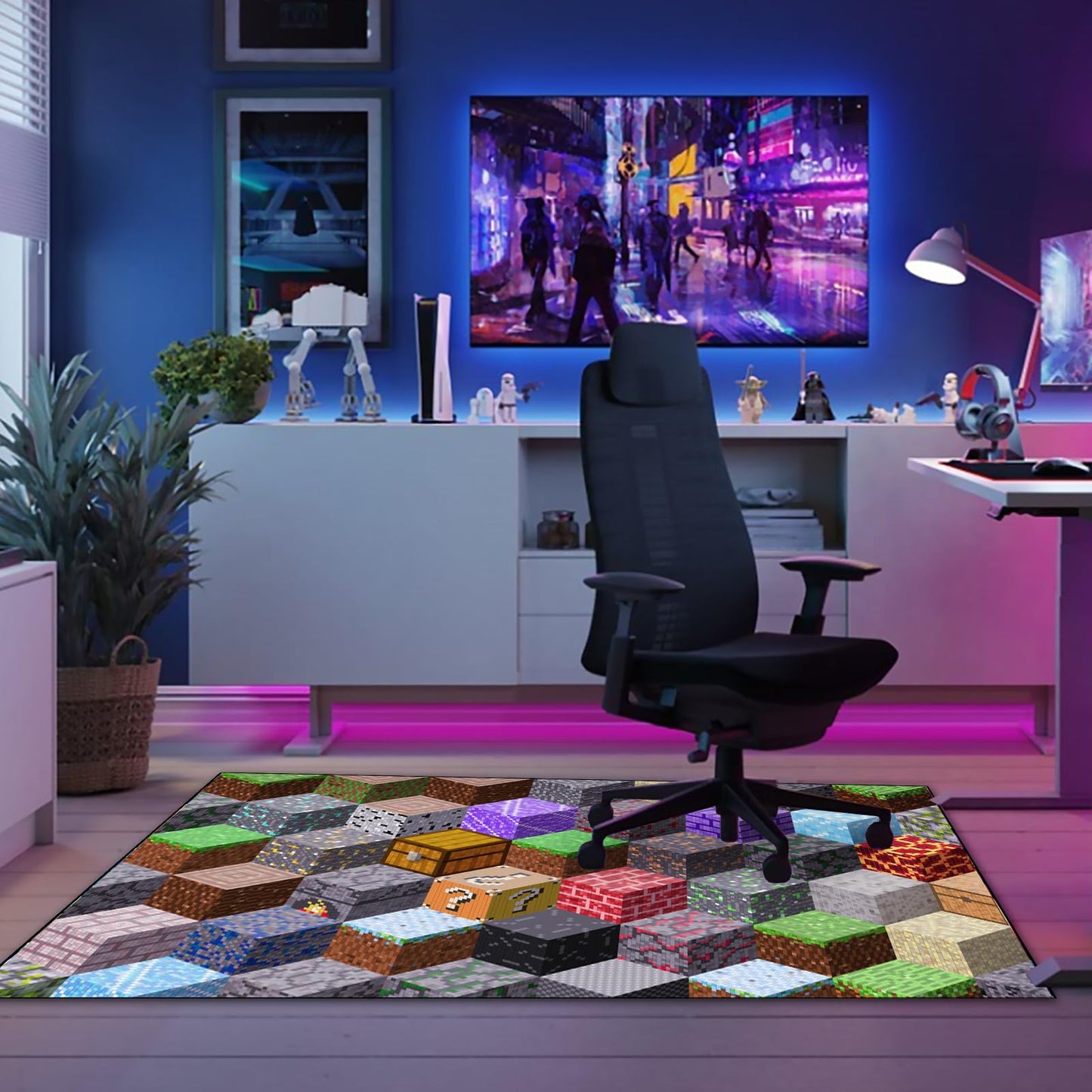 Block Game Rug Teen Boys Carpet with Pixel Games Element Decoration Mat, Cube Block Game Rugs for Boy’s Bedroom Living Room Playroom, Non-Slip Children Gaming Area Rugs (86" x 63")