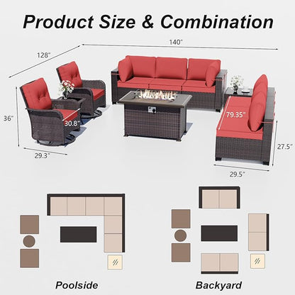 ALAULM 11 Pieces Patio Furniture Set with 2 Swivel Chairs Patio Furniture Outdoor Sectional Sofas with 55000 Gas Fire Pit Patio Conversation Set w/8 Cushions-Red
