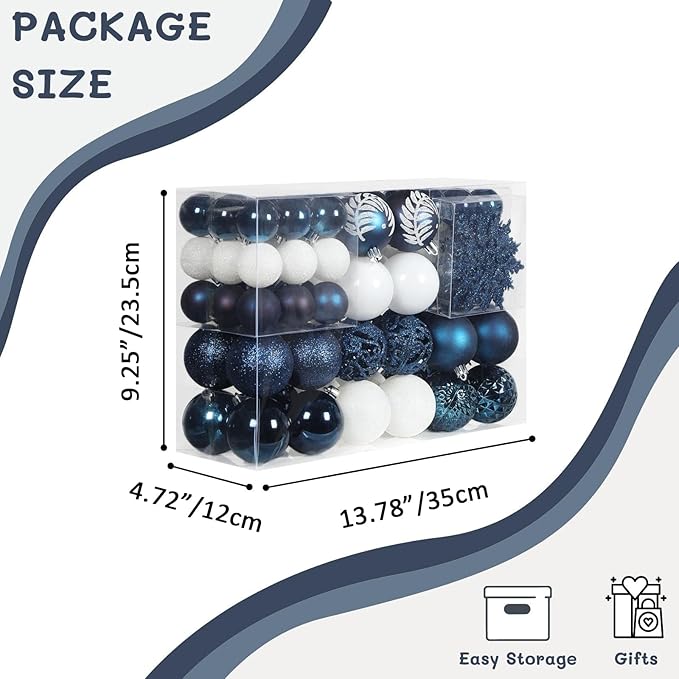 SY CRAFT 86 Pieces of Assorted Shatterproof Christmas Ball Snowflake Ornaments Seasonal Decorative Hanging Ornament Set with Hand-held Gift Package for Xmas Tree Decorations - Dark Blue
