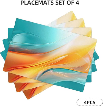 Teal and Orange Abstract Wave Linen Placemats Set of 4, 12 x 18 Inch Washable Non-Slip Heat-Resistant Kitchen Table Mats for Dining Table Outdoor Holiday Wedding Party Farmhouse, Kitchen Home Decor