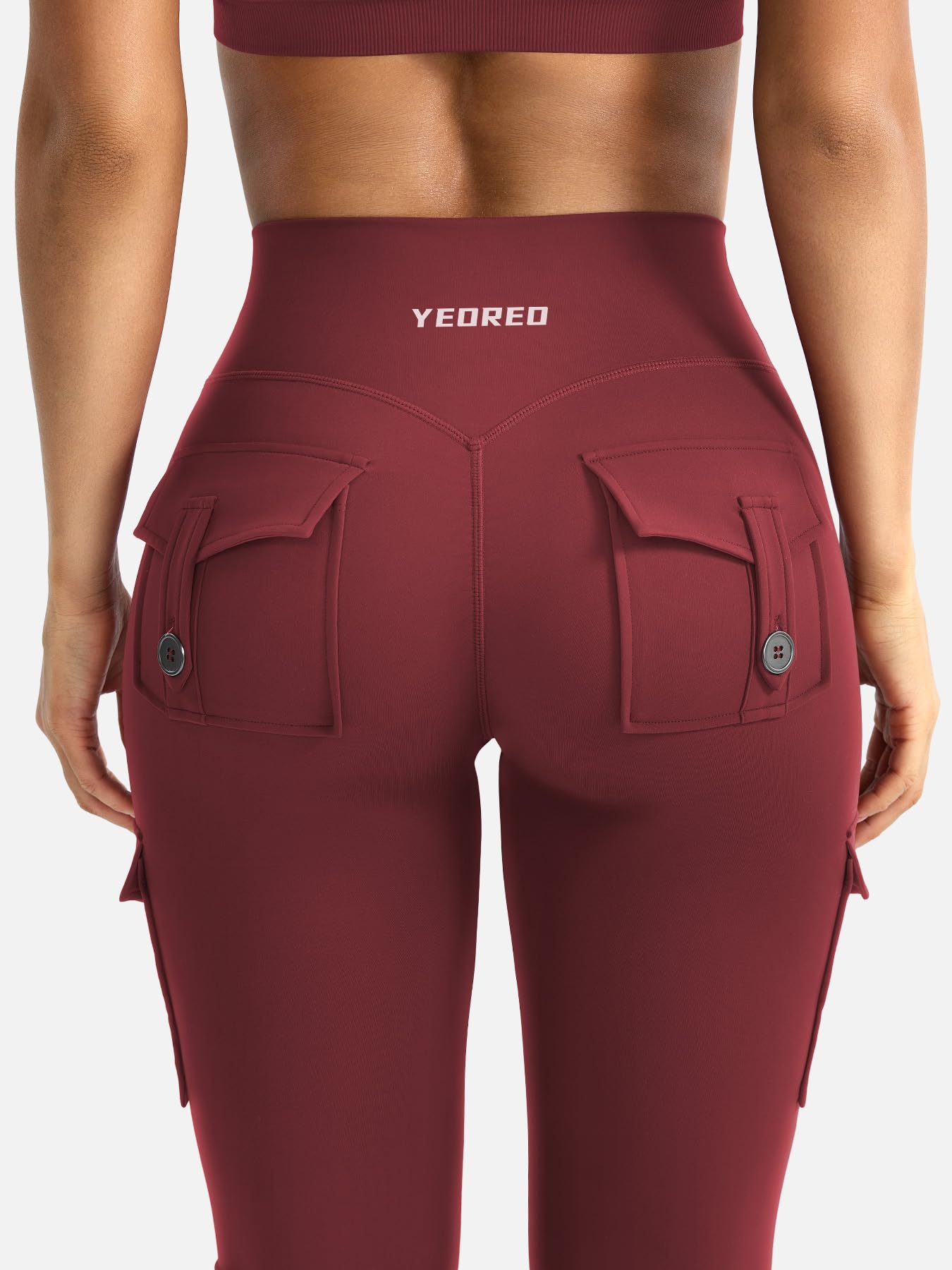 YEOREO CoreFlex Women Workout Flare Leggings with Pockets Hidden Scrunch High Waisted Cargo Gym Yoga No Front Seam Leggings Anchor Red XL