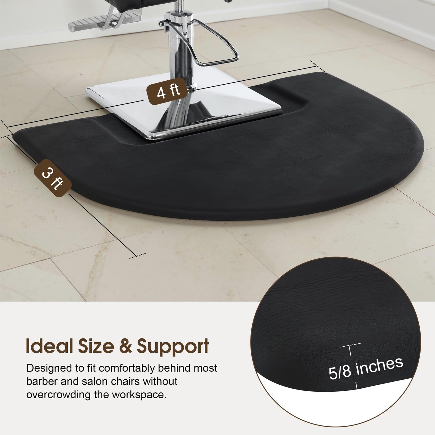 BarberPub 3 x 4 ft Anti-Fatigue Hair Salon Mat for for Hard Floors, Comfort Semicircle Barber Standing Mat for Square Base Chair 0075, Black, PU Foam