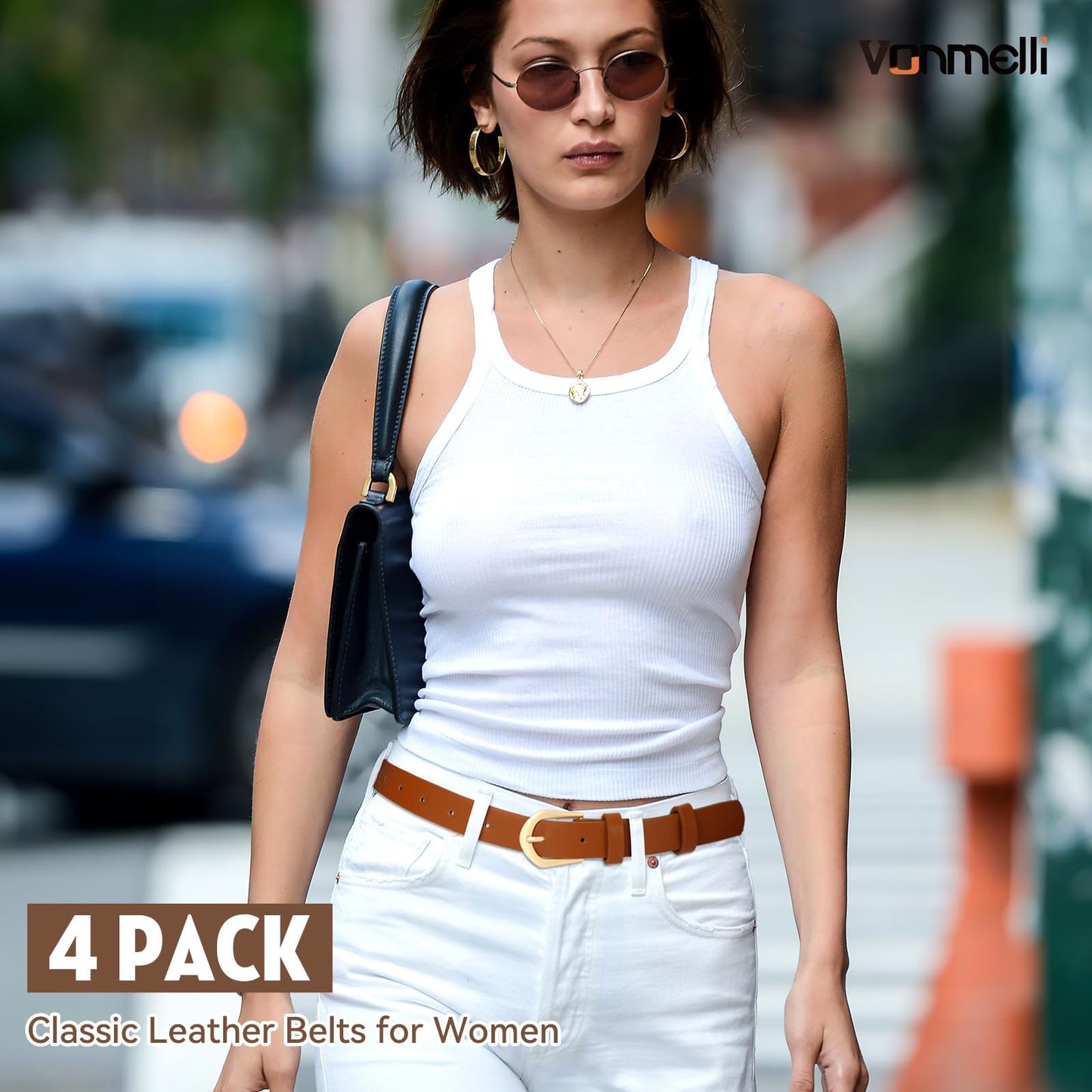 VONMELLI 4 Packs Thin Belts for Women Jeans Dress Fashion Womens Skinny Leather Belt Ladies Belt with Gold Buckle, Black Brown Coffee Beige, XXS