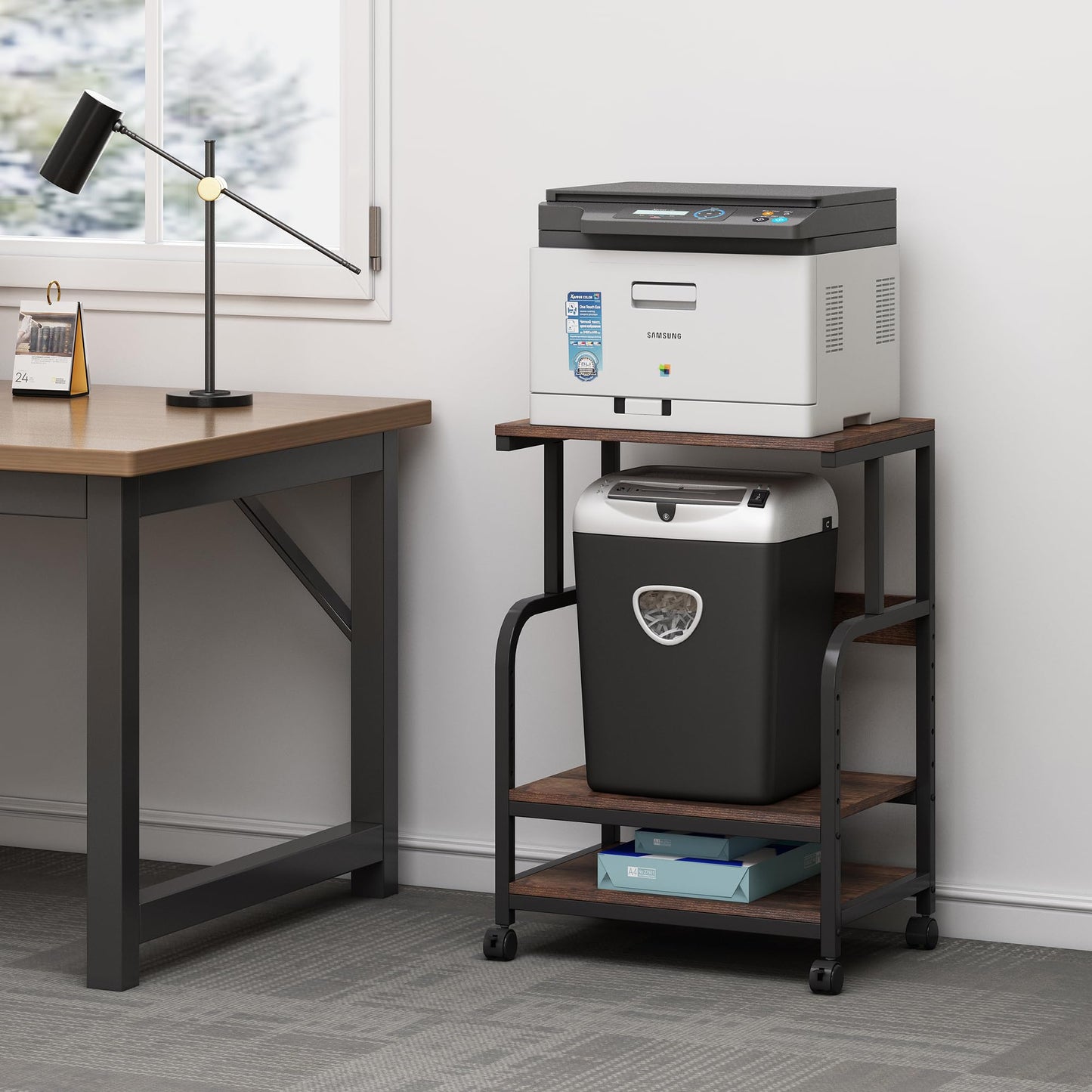 Fannova Printer Table Stand with Height Adjustable Shelf, 3 Tier Rolling Printer Cart with Wheels for Home Office Storage and Organization, Industrial Style