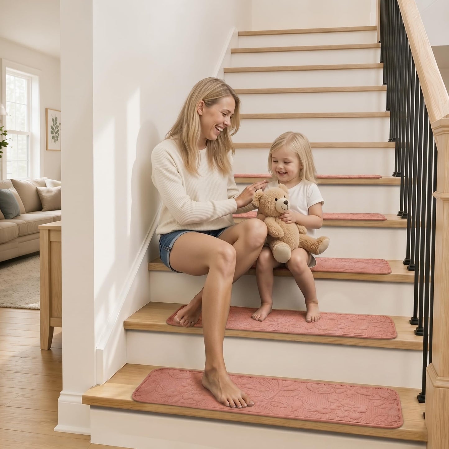 Stair Treads for Wooden Steps Indoor, Rugs Runners for Kids and Pets, 10"X30"(15Pack) 3D Embroidery Stair Carpet Treads with Reusable Non-Slip Silicone Particles Backing, Machine Washable, Dusty Rose