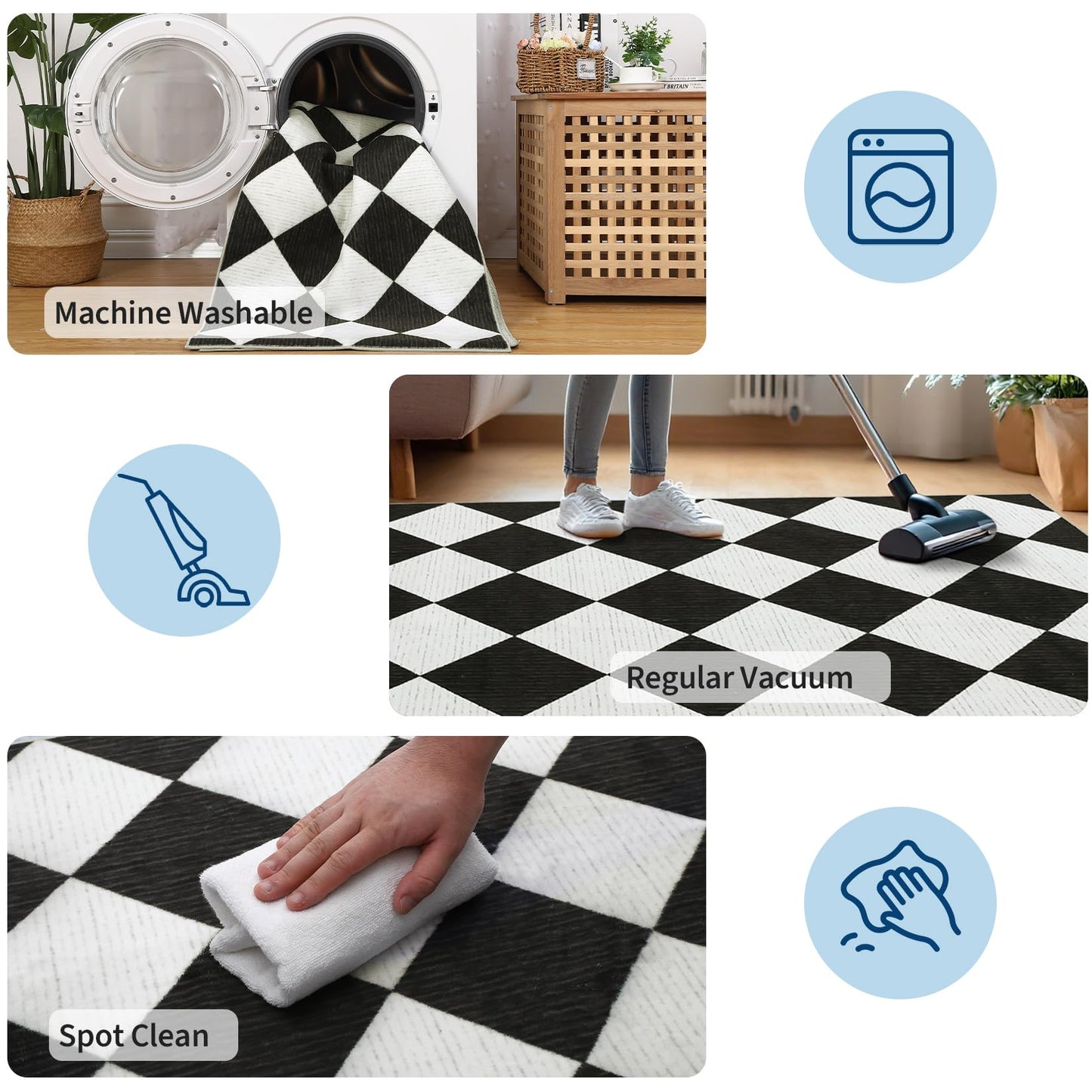 GarveeHome 5x7 Modern Checkered Area Rug, Black and White Washable Rugs for Living Room Bedroom, Soft Low Pile Non Slip Diamond Floor Mat Plaid Print Throw Rug Indoor Carpet Dining Room Playroom
