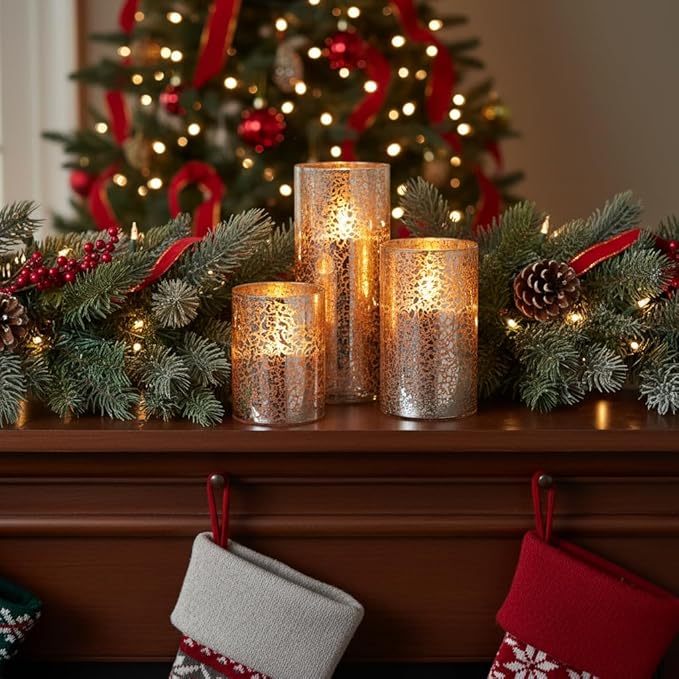 Flameless Silver Mercury Glass LED Pillar Candles with Remote and Timer, Batteries Included, Flickering Warm White Light, Set of 3 for Home Décor, Weddings, Parties, and Romantic Ambiance, Holiday