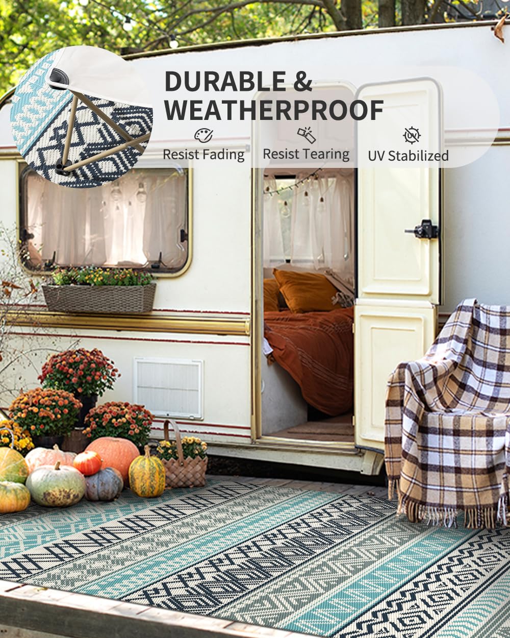 MontVoo Outdoor Rug Carpet Waterproof-Patio Rug Mat 5x8 Reversible RV Outdoor Camping Rugs Picnic Beach Mats Plastic Straw Outside Rugs for Balcony Porch Pool Deck Boho Patio Decor