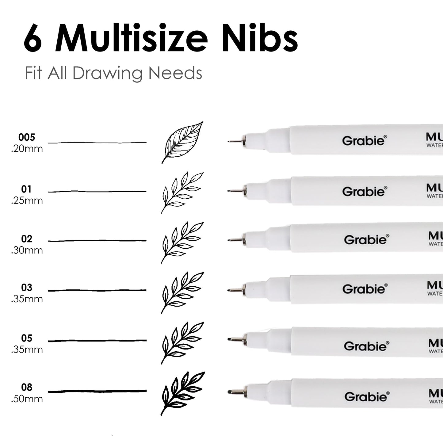 Grabie Micro Finerliner Pens, 6 Archival Black Ink Waterproof Drawing Pens, Assorted Point Sizes for Sketching, Illustration, Journaling, Art Supplies
