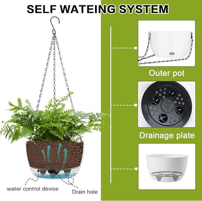 Sungmor Self Watering Hanging Planter for Indoor Plants, 9.4" & 11.2" 2-PACK Large White Plastic Hanging Basket, Garden Flower Pots with Hanging & Standing Design, Thickened Sturdy Drainage Plant Pots