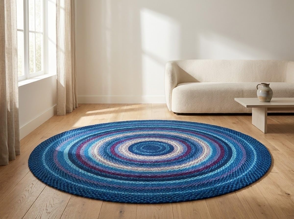 Blue Handwoven Extra Large Round Rug 9x9 Ft Braided Soft Floor Carpet for Grand Living Rooms, Couch Lounges & Open Spaces (Ready to Ship)