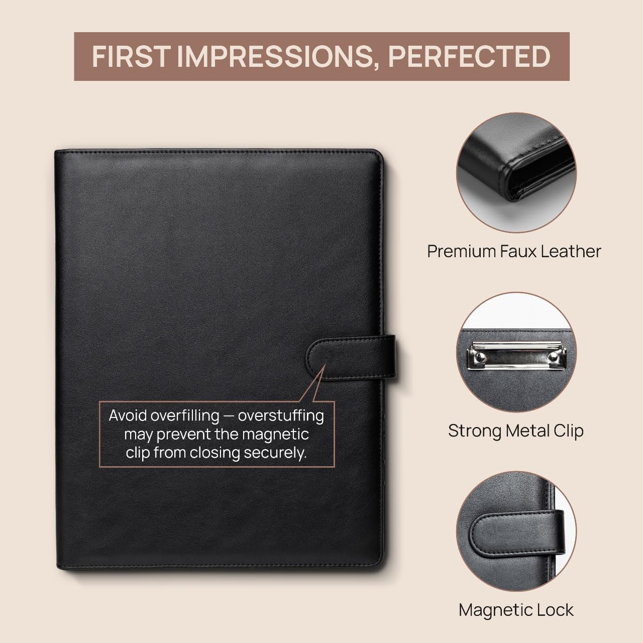 Professional Padfolio with Notepad Included | Faux Leather Portfolio Folder with Clipboard, Resume Folder, Legal Pad Holder, Business Card Holder | A4 Letter Size | Black