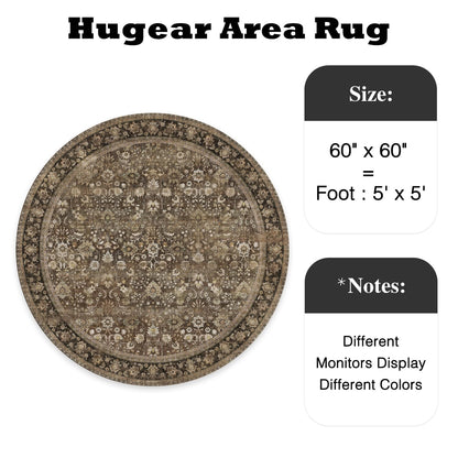 HUGEAR Round Rug 5ft Entryway Rugs Machine Washable Brown Hallway Area Rug 5x5 Small Circle Accent Rug Floral Low Pile Carpet Soft Throw Rug Living Room Office Laundry Room Entrance Non Slip