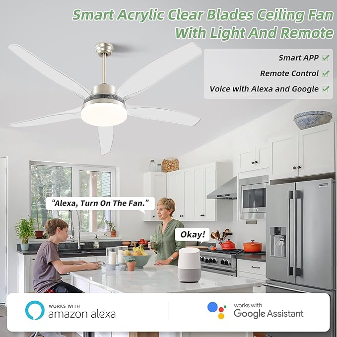 OKELI 58" Smart Ceiling Fan with Light, WiFi Enabled for Alexa & App Control, Reversible Brushed Nickel Modern Ceiling Fan with Dimmable LED Light and Remote, Clear Blades for Living Room Bedroom