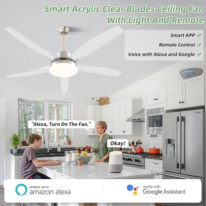 OKELI 58" Smart Ceiling Fan with Light, WiFi Enabled for Alexa & App Control, Reversible Brushed Nickel Modern Ceiling Fan with Dimmable LED Light and Remote, Clear Blades for Living Room Bedroom