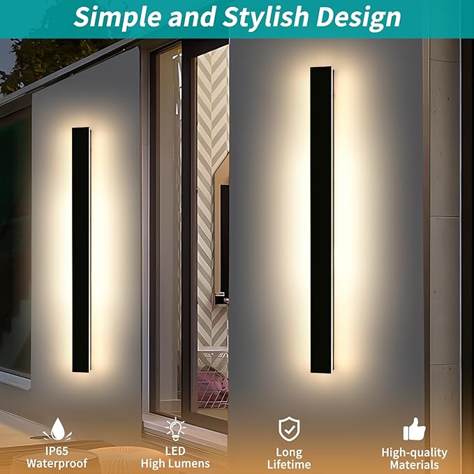 Mikeru 57inch Long LED Wall Light Fixtures, 10%-100% Dimmable Black Exterior Wall Sconces, 3000k-6000k Acrylic Invisible Exterior Wall Light for Porch Modern Outdoor Wall Mount Lighting
