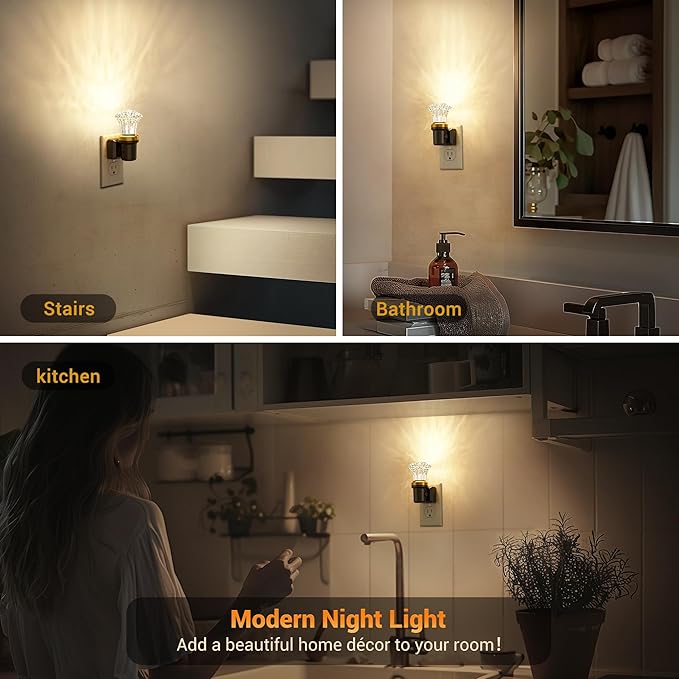 JandCase Night Lights Plug into Wall, 2 Pack Dimmable Night Light Pulg in, Diamond Automatic Night Lights with Auto Light Sensor, Adjustable Brightness 3000K LED Night Light, for Bedroom Hallway