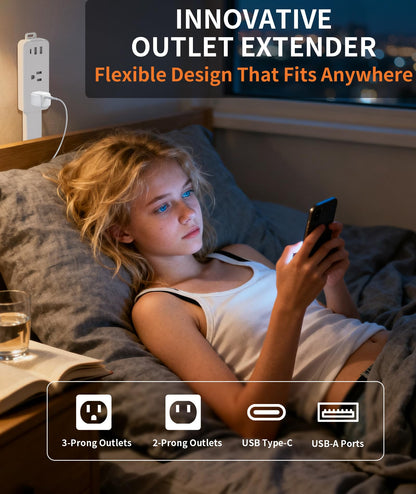 Electrical Outlet Extender Stick Features 2 USB-A, USB-C and 2 AC Outlets, Extendable 6", 15.3", 24.5", 34", for Hard to Reach Spaces Use Behind Couches, Nightstands, E-Sports Desks, and More