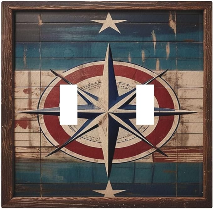Decorative Art Light Switch Covers Nautical Rustic Star Emblem 2 Gang Double Toggle Wall Plate Decorative Switchcover Electrical Switchplate for Home Decor