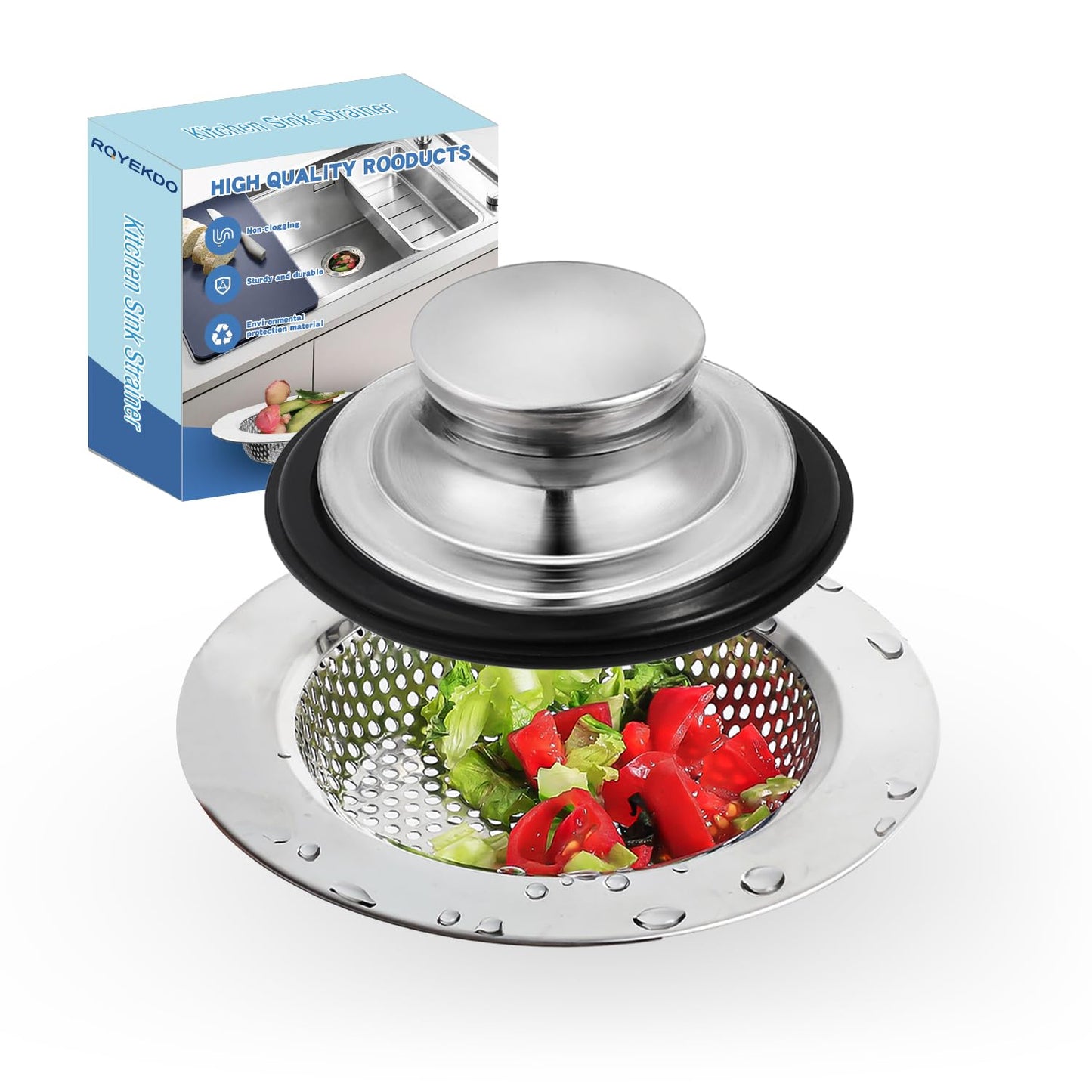 RQYEKDO Polished Kitchen Sink Strainers Sink Stopper Kits, Stainless Steel Sink Drain Strainer Set,Large Wide Rim 4.4" Diameter Food Catcher Garbage Disposal Plug for Most Sink Drains Basket Filter