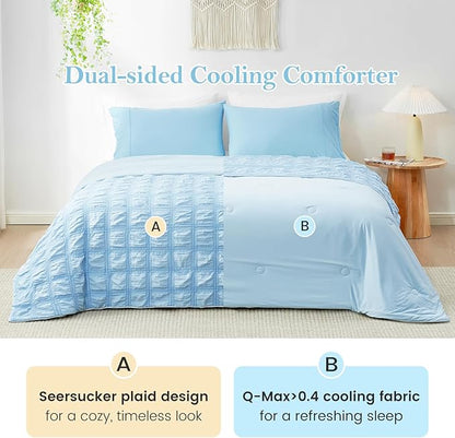 Cozy Bliss Cooling Comforter Twin Size Seersucker Plaid, Q-Max 0.4 Reversible Lightweight Cooling Blanket, Breathable Silk Smooth Summer Bedding Quilt for Hot Sleepers Night Sweats Blue