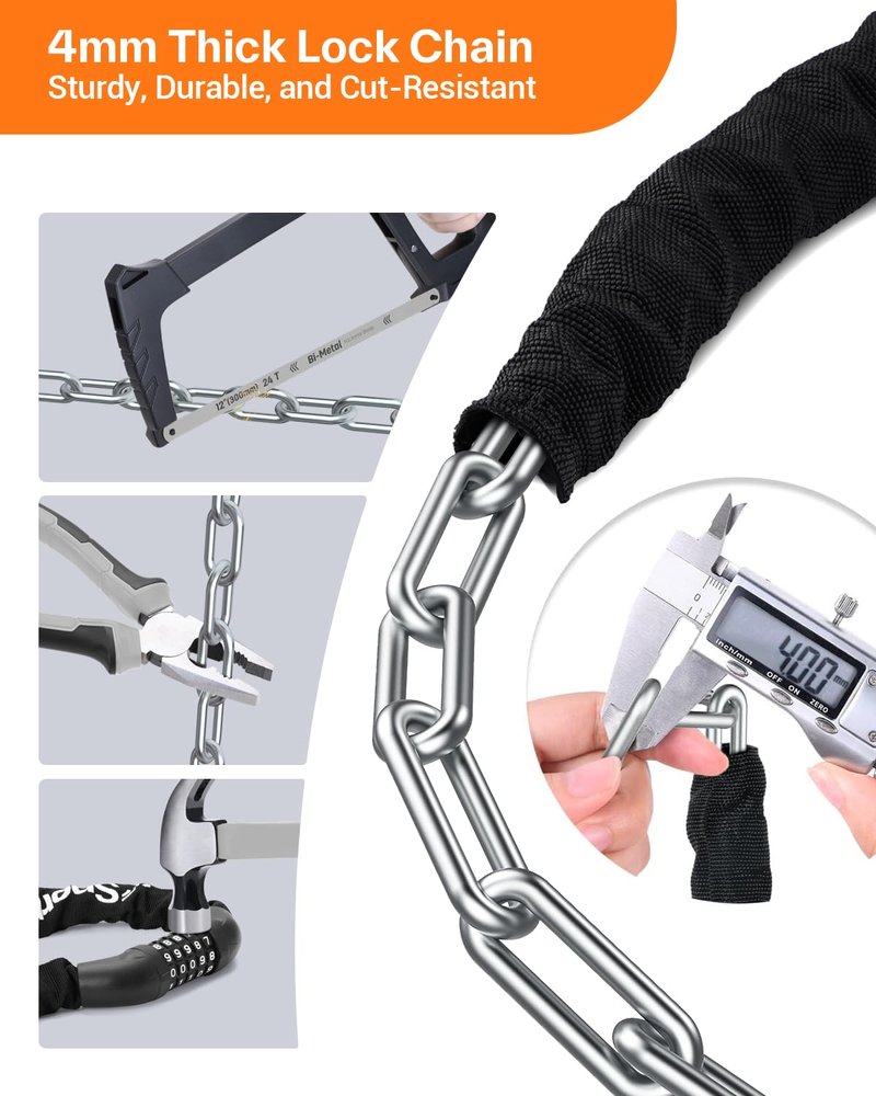 Sportneer Bike Locks Anti Theft- 5 Digit Combination Heavy Duty Keyless Bike Chain Lock Security Resettable Bicycle Lock for Bike, Scooter, Motorcycle, Door, Gate, Fence(4mm Thick Chain)