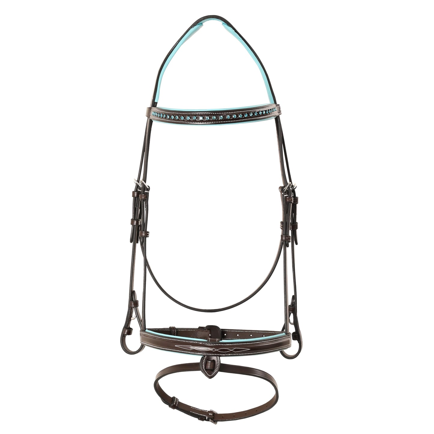 ExionPro Anatomical English Horse Bridle with Blue Crystal Bling Browband- Baby Blue Padded Jumping Bridle with Flash Noseband & Rubber Reins- Comfort Crown - Black or Havana Brown - Full