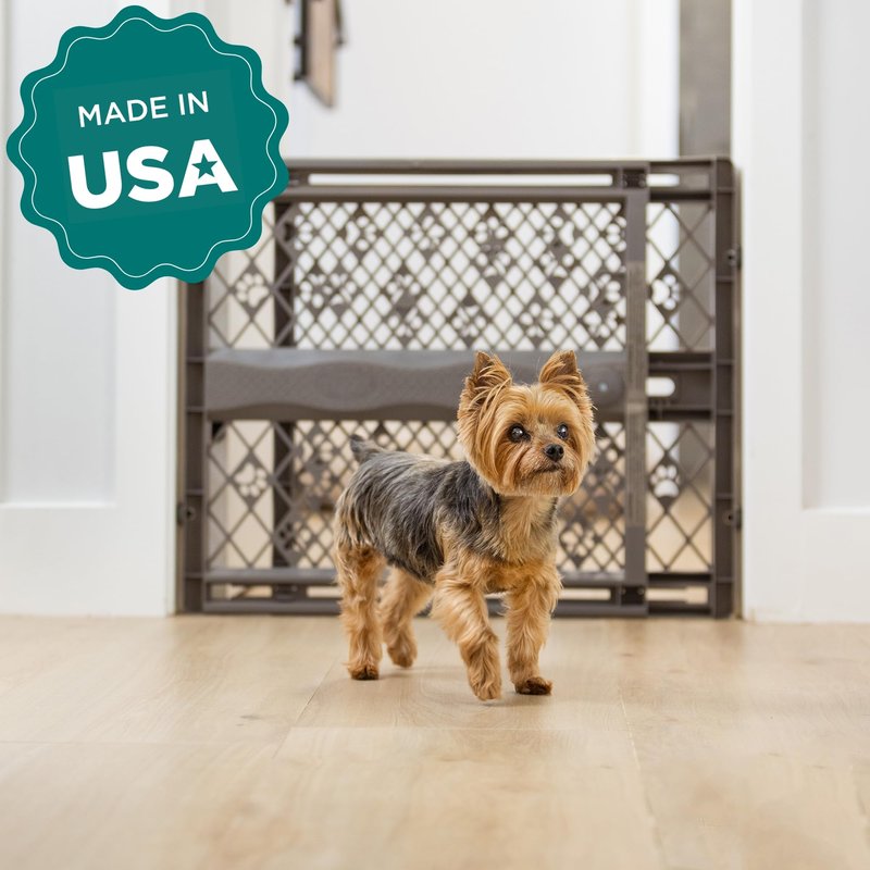 MYPET Paws Portable Pet Gate: 26-40" Wide Expandable, Pressure Mounted No Tools Needed, Durable Dog Gate for Doorways, Made in USA, 23" Tall, Fieldstone Gray