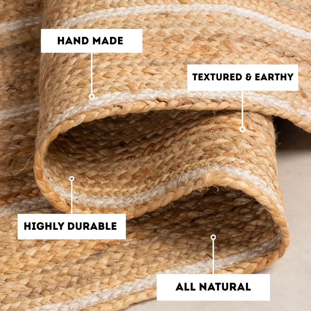 HOMEMONDE Natural Braided Jute Area Rug 6x9 ft - Off White Stripe Eco Friendly Premium Fiber - Hand Woven Rustic Vintage Reversible Braided Rugs for Bedroom, Kitchen, Living Room and Dining Room
