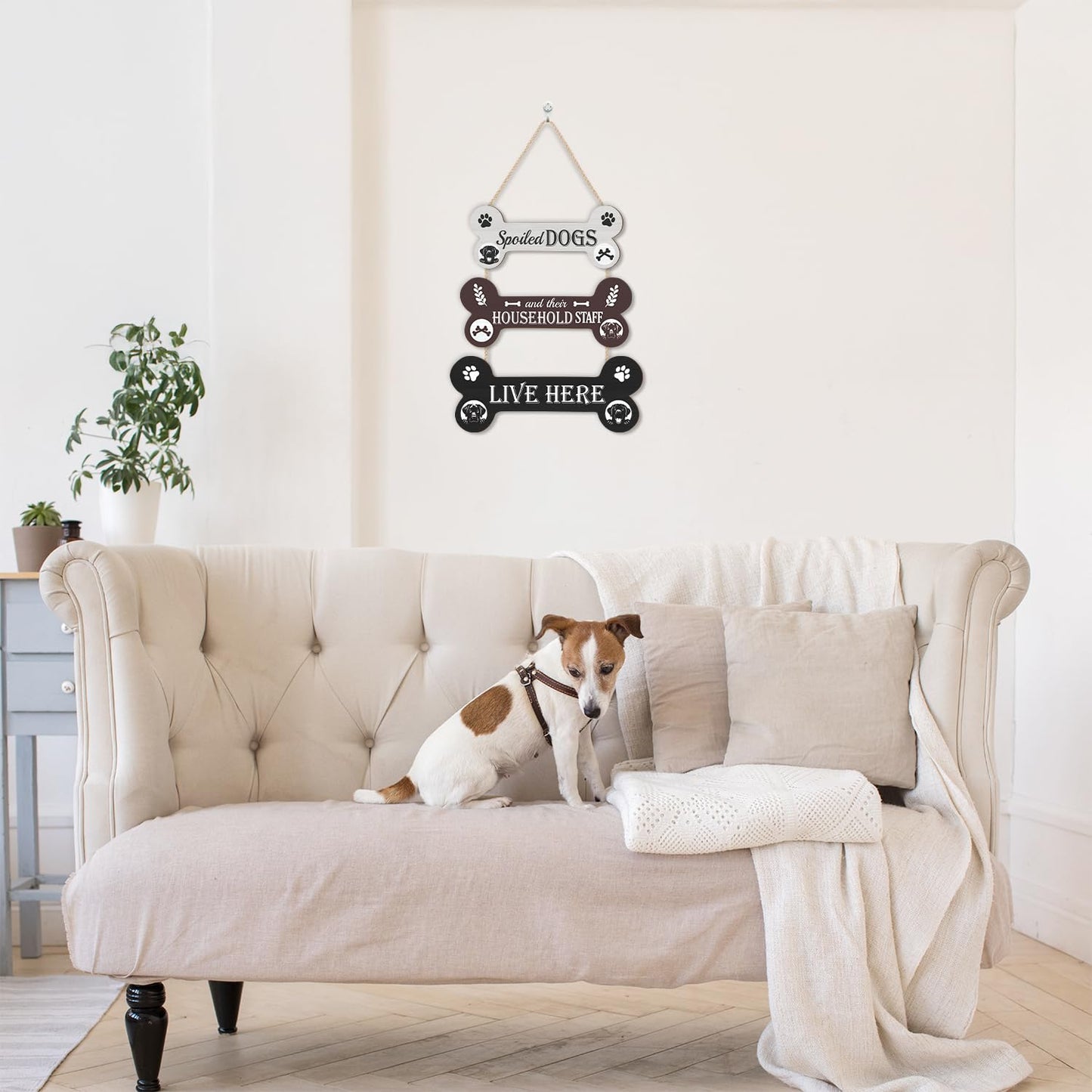 HLNIUC Funny Dog Wooden Sign,Spoiled Dogs Door Sign And Their Household Staff Live Here Wall Decor,Bone Shape Hanging Plaque for Porch Front Door,Dog Welcome People Tolerated Plaque for Dogs Lovers