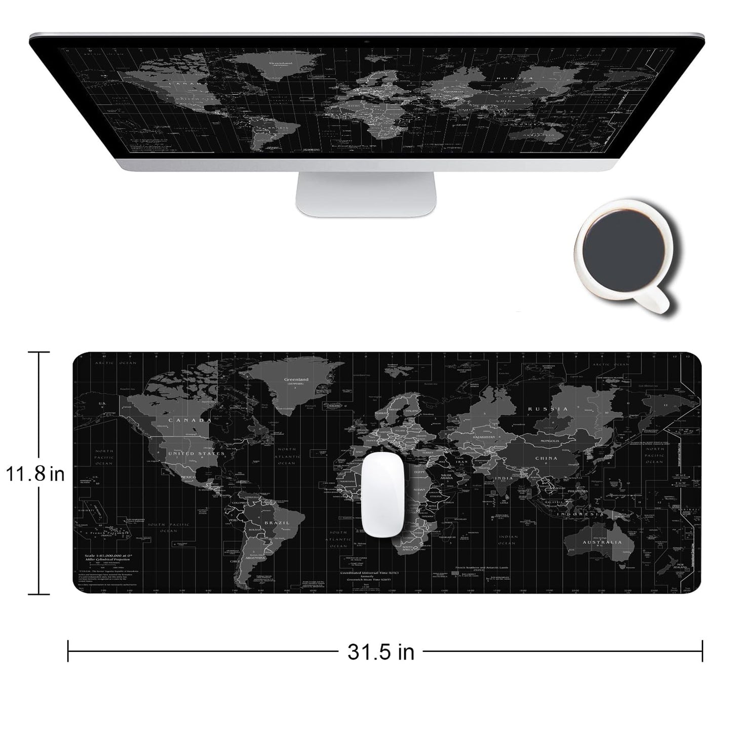 SANWUMIAN Large Gaming Mouse Pad with Stitched Edges, Desk Mat Extended Keyboard Pad, Non-Slip Rubber Base Desk Pad for Laptop, Office, Home, 31.5X11.8 inch Black World Map