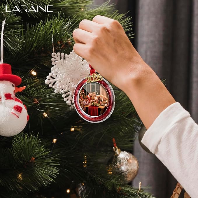 Laraine Christmas Tree Ornaments – Decorative Hanging 2025 Holiday Keepsake Gift Round Pendant with 2.5” Photo Frame Insert for Picture of Pet (Round Red (2025))