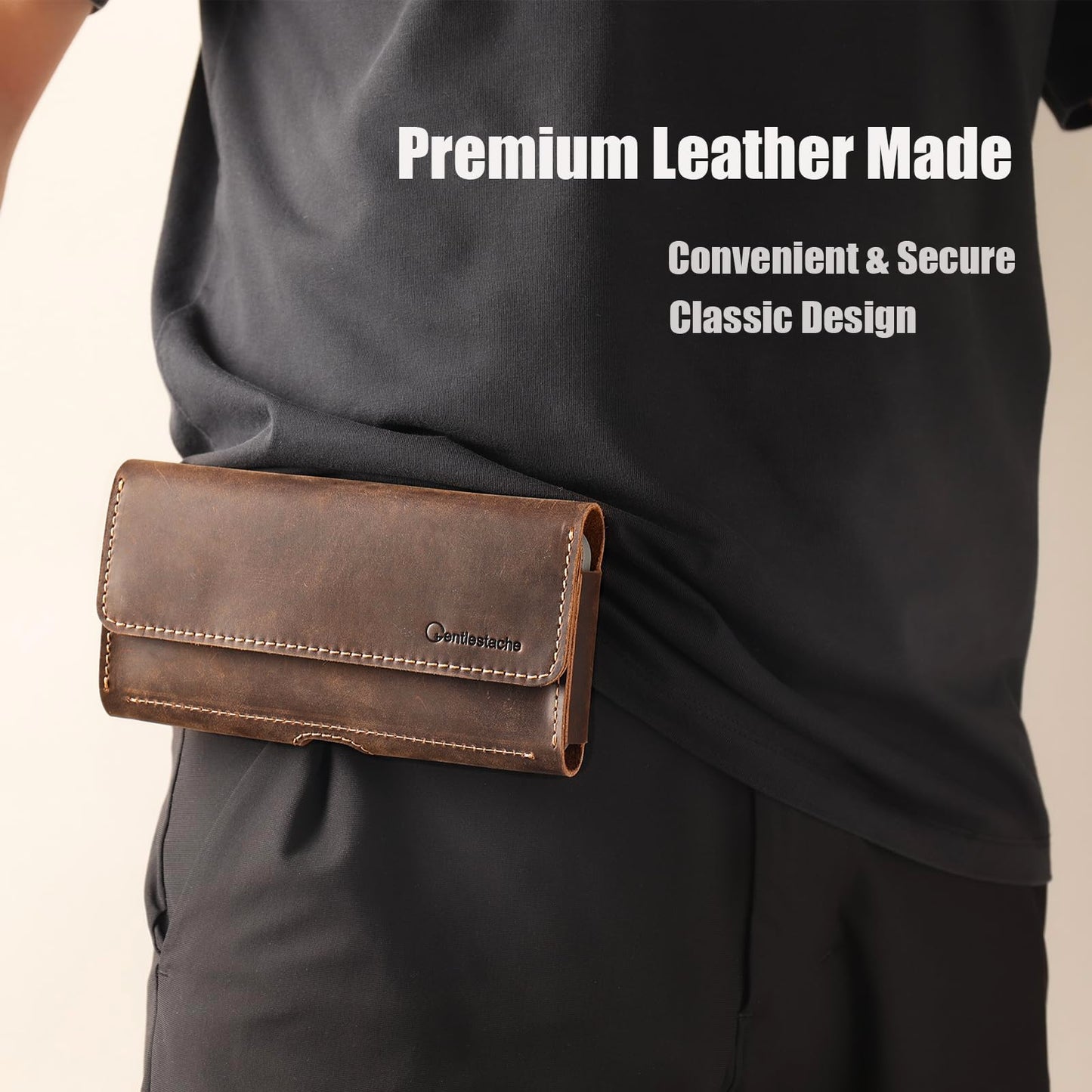 Gentlestache Leather Phone Holster for iPhone 15 Pro Max & Galaxy S24 Ultra - Two Pocket Phone Pouch with Thick Case, Dark Brown
