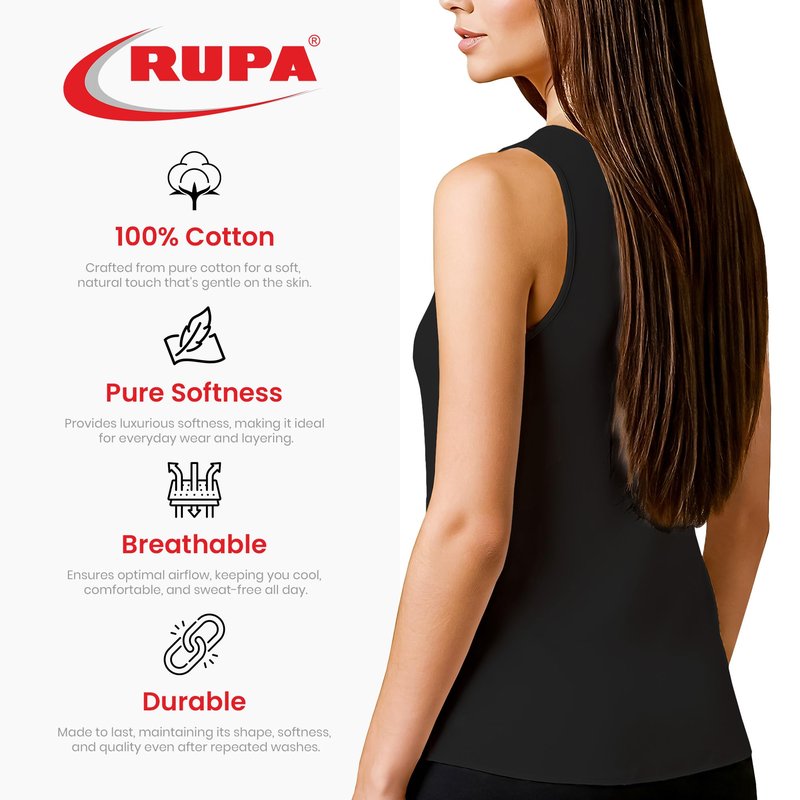Rupa Jon Women's Camisole Tank Top Soft Cotton Blend Stretch Cami |Pack of 3| Lightweight Tank Sleepwear Loungewear | Black-L