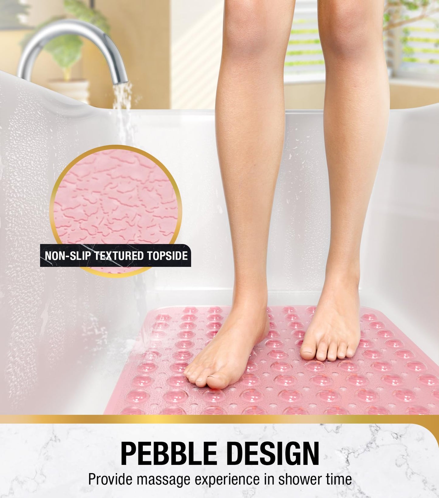 HITSLAM Bath Mat for Tub, Non Slip Bathtub Mat, 40 x 16 Inch Extra Long Bath Tub Mat, Machine Washable Bathroom Shower Mat with Suction Cups and Drain Holes, Soft on Feet, Clear Pink